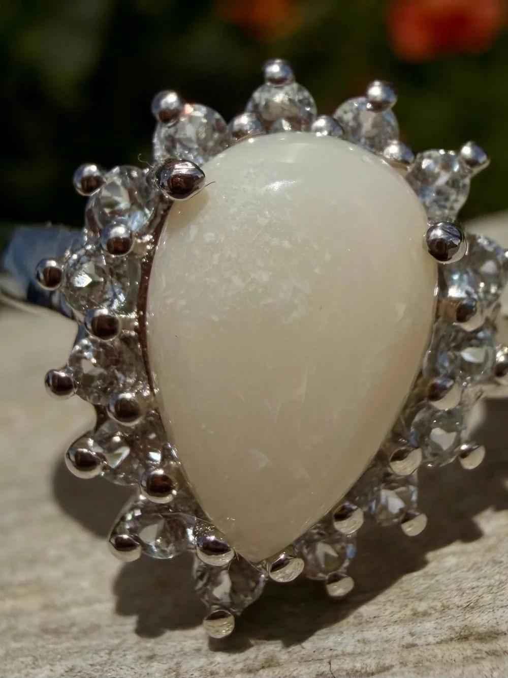 Brilliant White Opal & Blue Topaz Ring | 14K White Gold Plated|Size 8